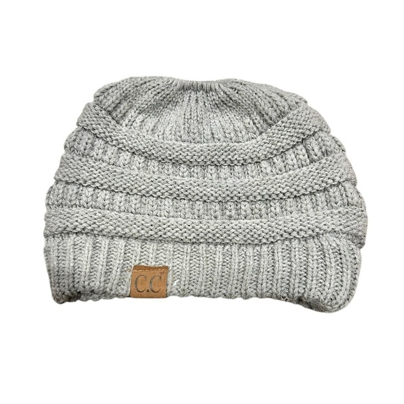 C.C Beanie Grey Tail Soft Cable Knit Messy Bun Pony Tail Hat Cozy Winter Warm - Picture 3 of 6